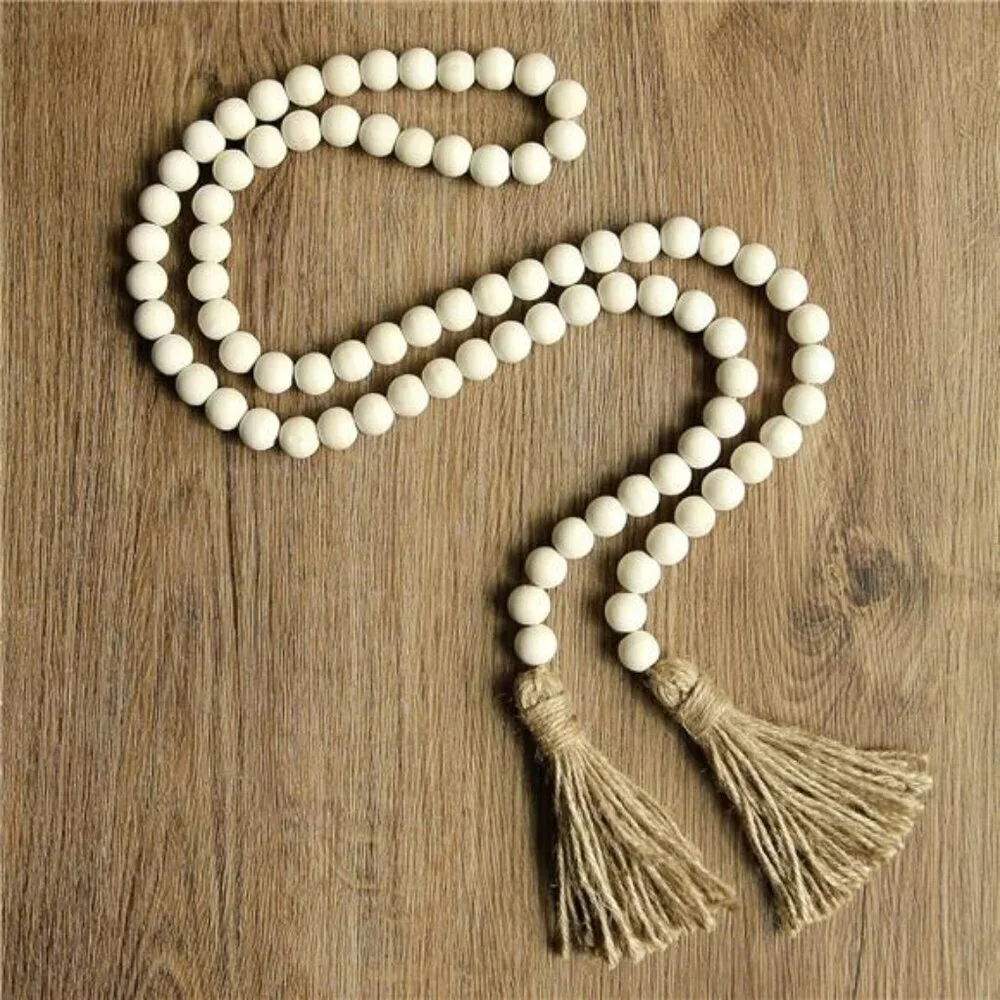 Rustic Wood Bead Garland Farmhouse Decor Tassel Boho Wall Hanging 58 Inch